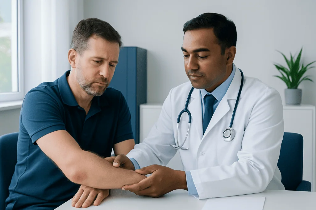 Doctor examining patient's elbow for bursitis symptoms at Acibadem Hospital.