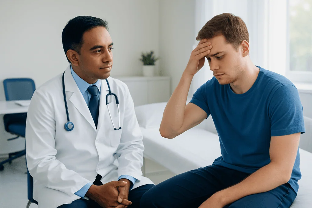 Doctor consulting with a young male patient experiencing headache or discomfort.