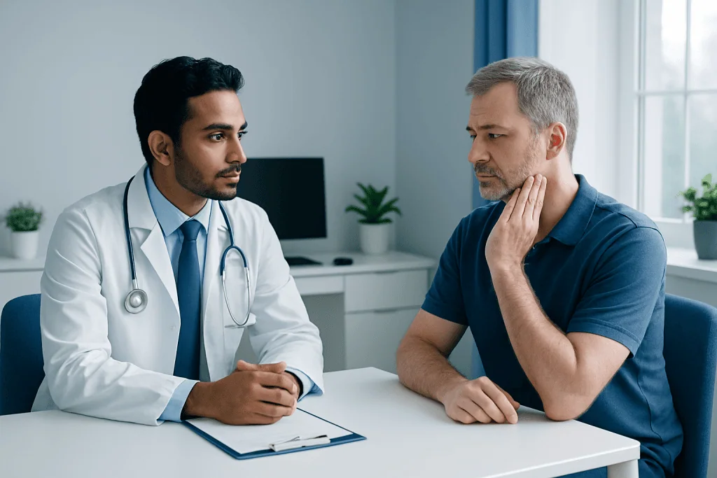 Doctor consulting with patient about oral health concerns in a clinic setting.