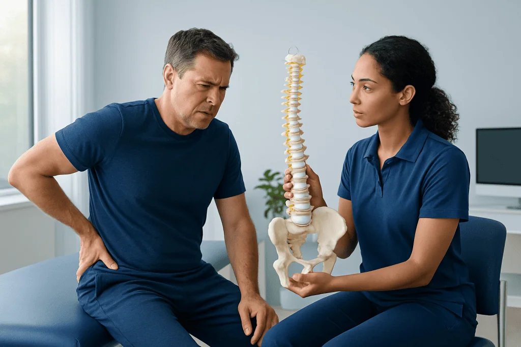 Doctor explaining herniated lumbar disc to patient with spine model.