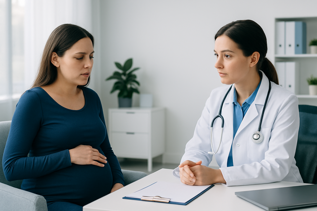 Pregnant woman consulting with a doctor in a medical office.