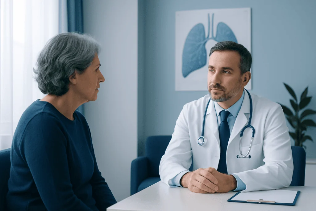 Doctor consulting with a patient about lung health in a medical office.