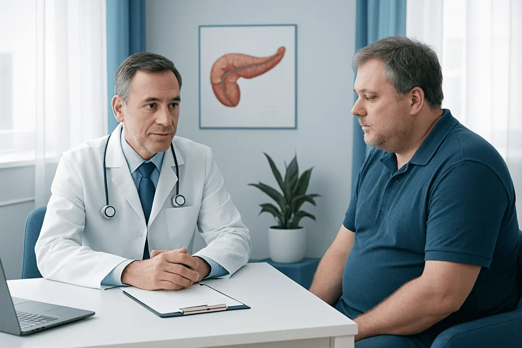 Doctor consulting with a patient about pancreatic health in a medical office.