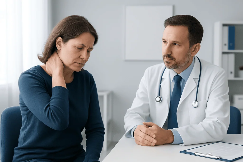 Doctor consulting with a woman about neck pain in a medical office.