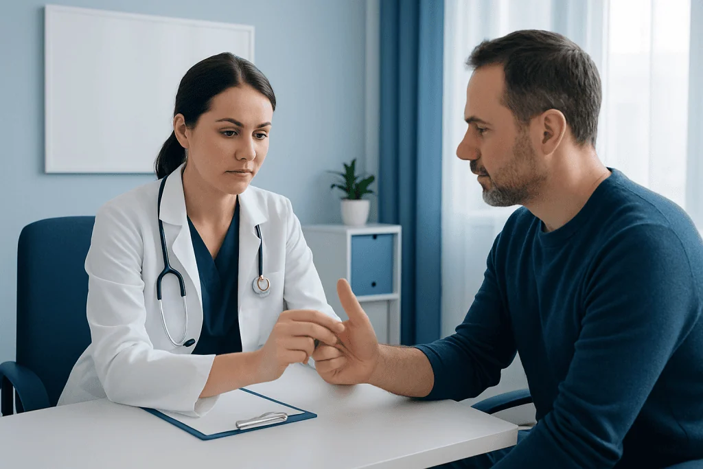 Doctor comforting a patient during a consultation at Acibadem Hospital.