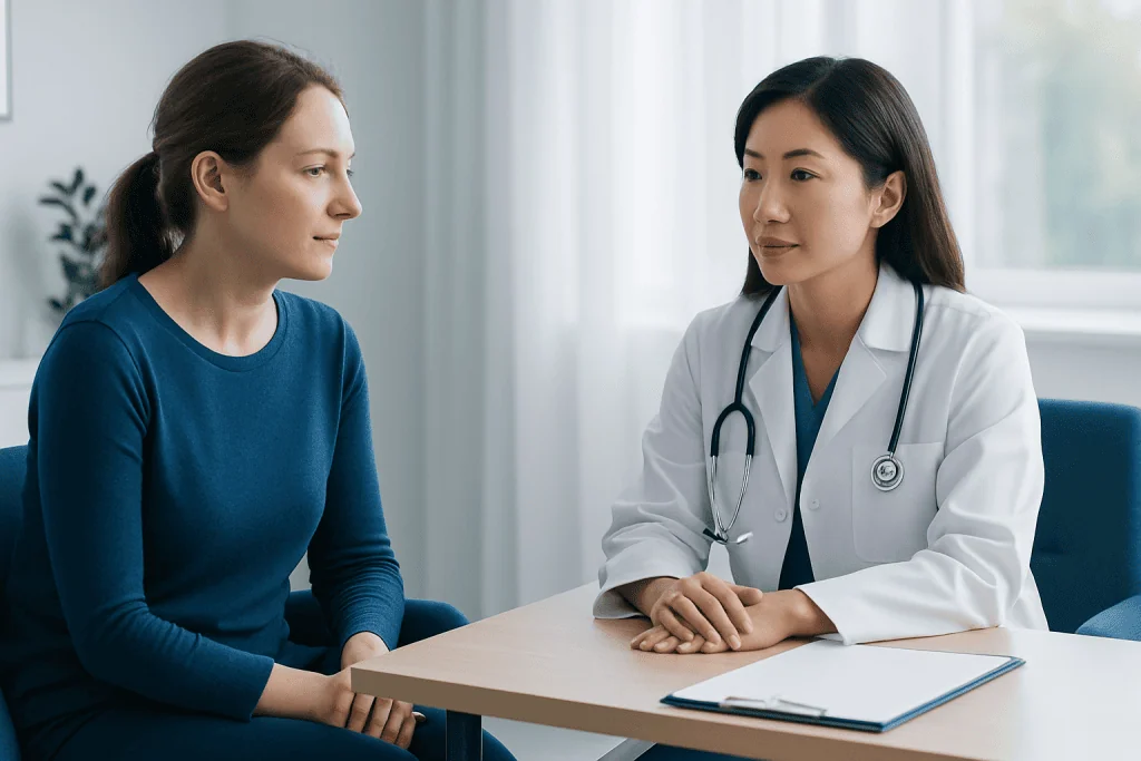 Doctor consulting with a female patient in a medical office setting.