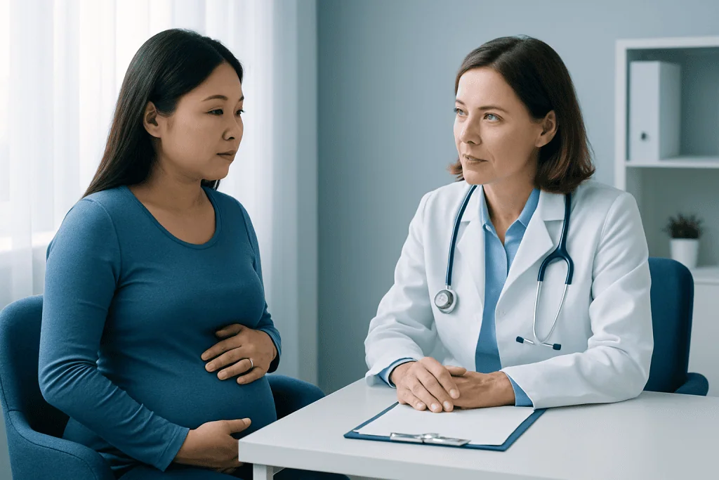Doctor consulting pregnant woman in a medical office.