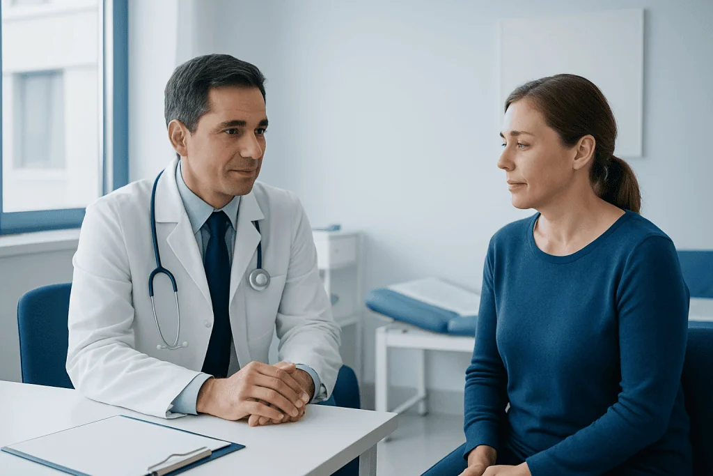 Doctor consulting with a female patient in a modern clinic setting.