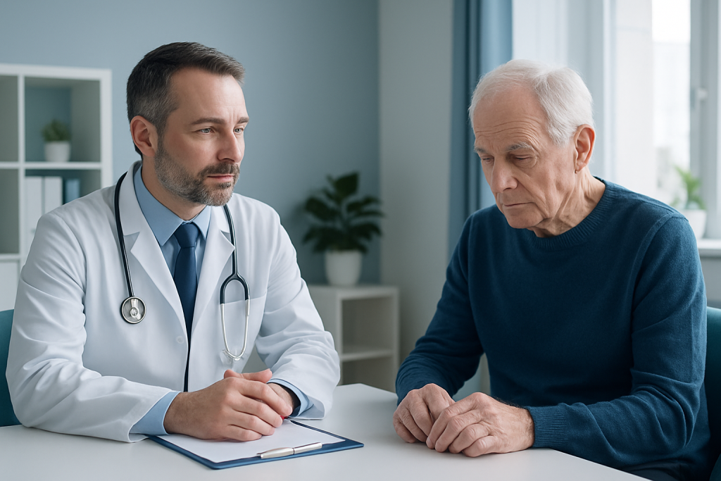 Doctor consulting with elderly patient in a medical office.