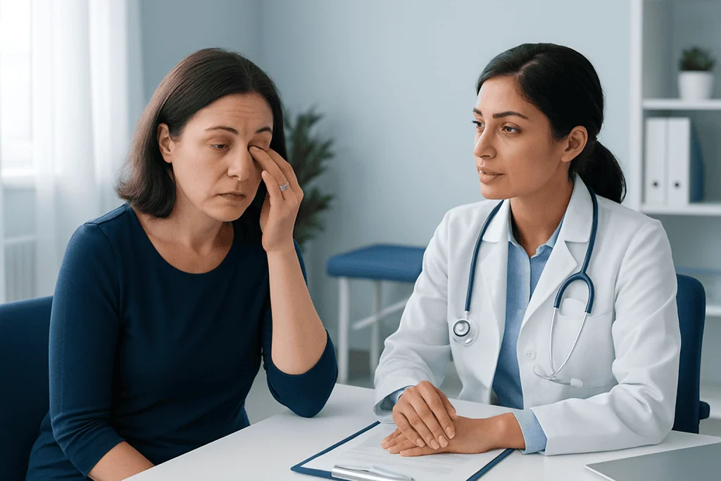 Patient consulting with doctor about eye health and chemosis symptoms.