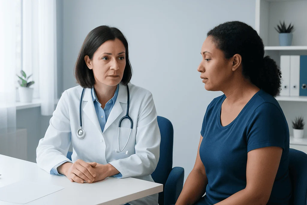 Doctor consulting with a patient in a medical office setting.