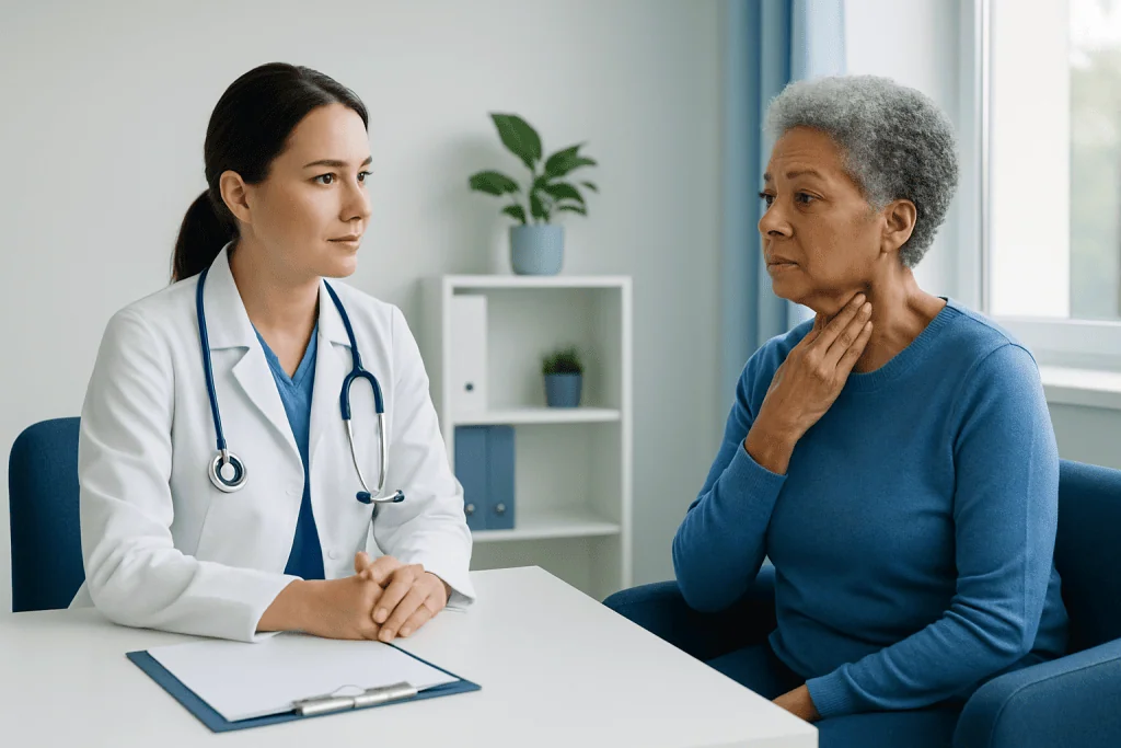 Doctor consulting with an elderly patient in a medical office.