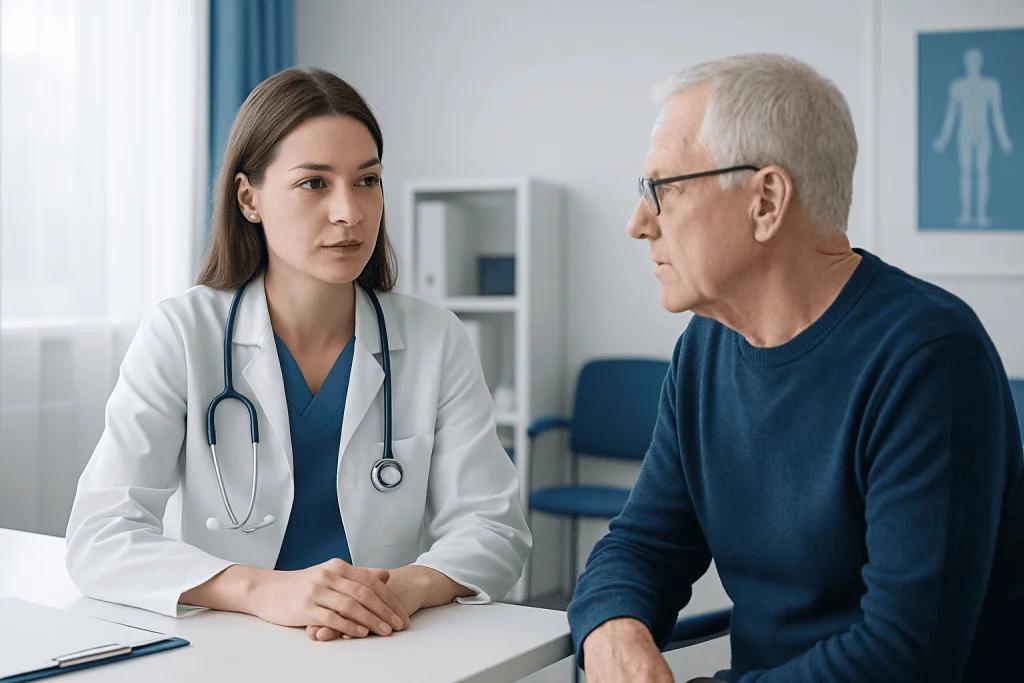 Doctor consulting with an elderly male patient in a medical office.