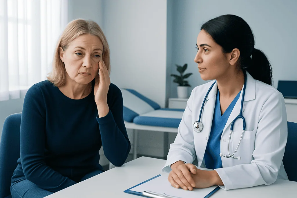 Doctor consulting with a middle-aged woman about eye bags treatment.