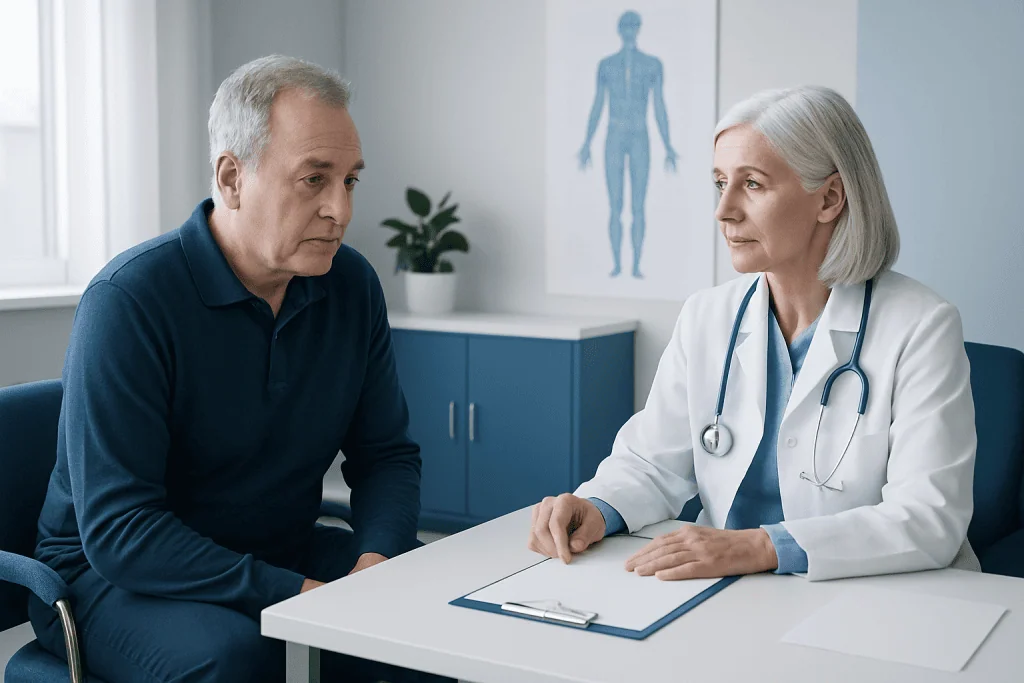 Doctor consulting with an elderly male patient in a medical office.