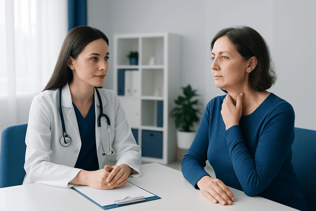 Doctor consulting with a patient about thyroid health in a clinical setting.