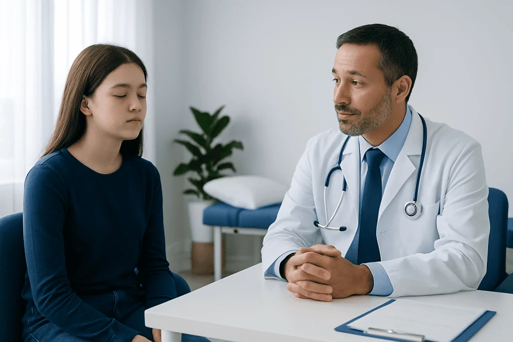 Doctor consulting with a young girl in a medical office setting.