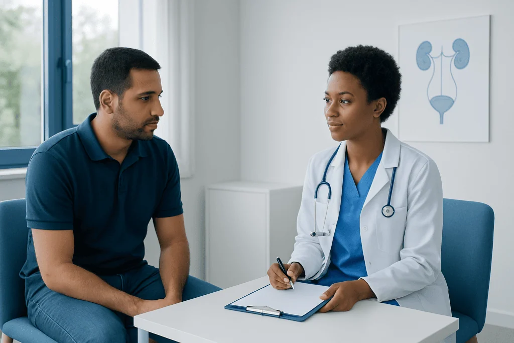 Doctor consulting with male patient in a medical office setting.