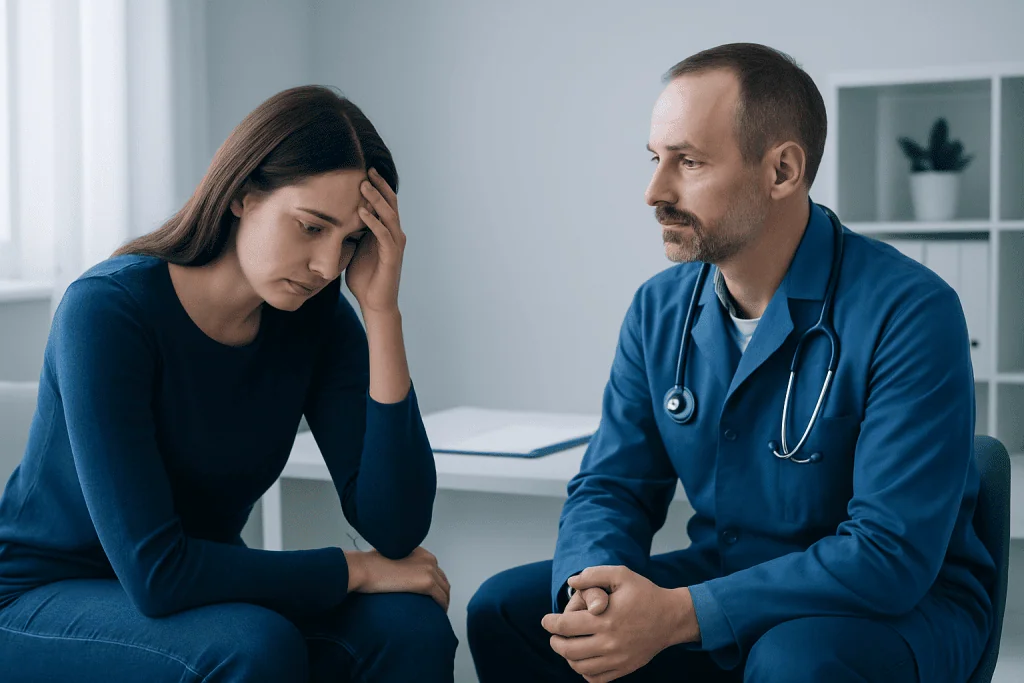 Doctor counseling a young woman with a mental health concern in a clinical setting.