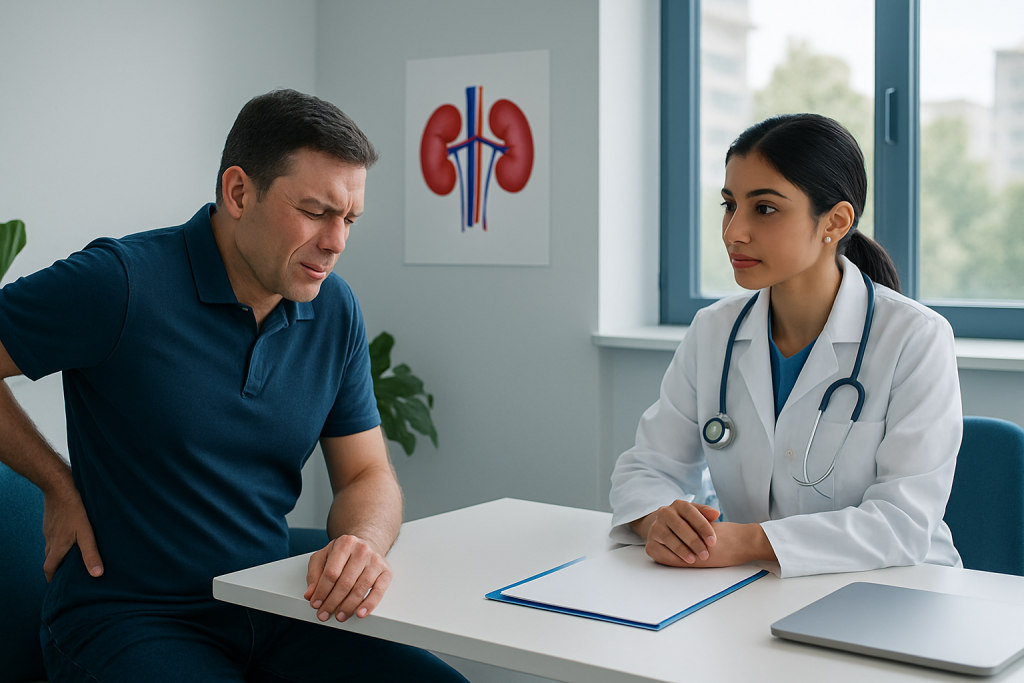 Doctor consulting with male patient about kidney health in clinic.