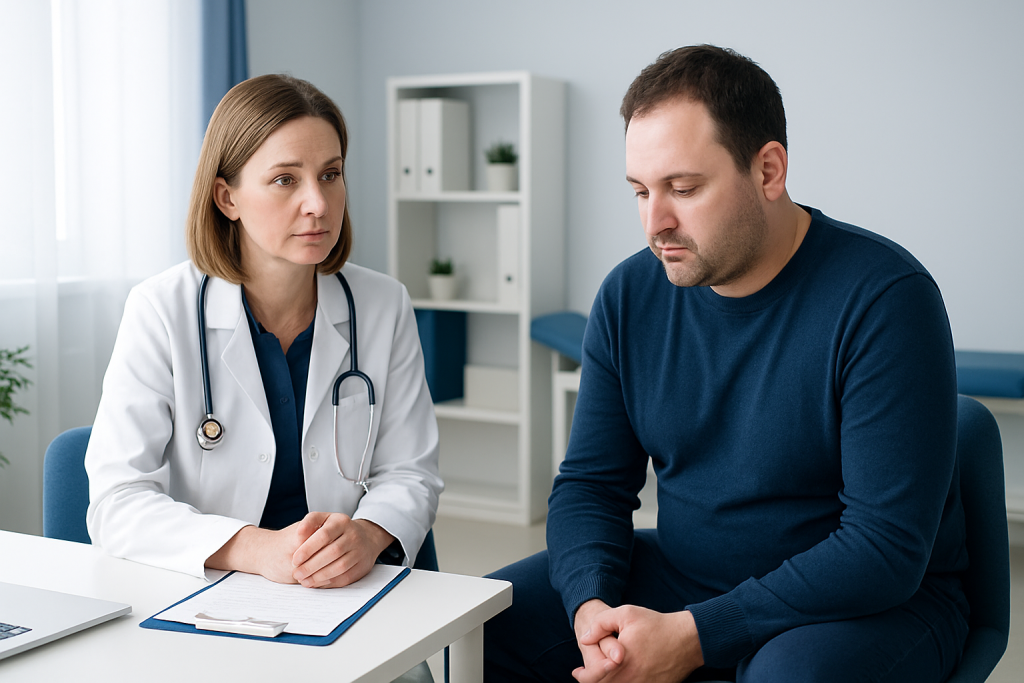 Doctor consulting male patient about fecal incontinence treatment options.
