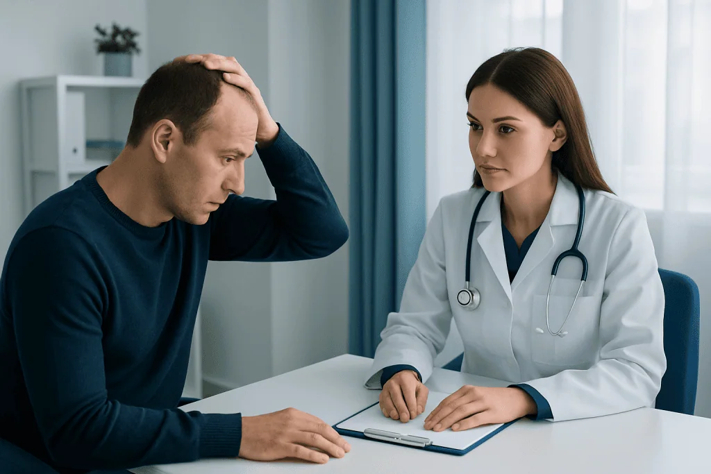 Doctor consulting with patient about scalp bumps in a clinical setting.