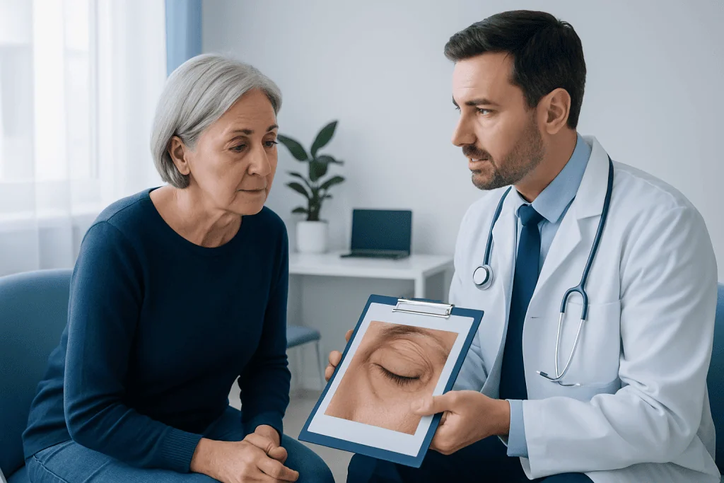 Doctor explaining eye condition to an elderly woman with an eye image on a tablet.
