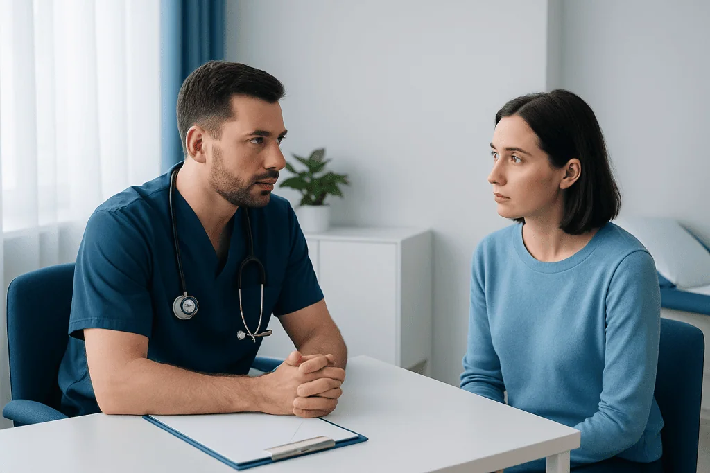 Doctor consulting with a female patient in a medical office setting.