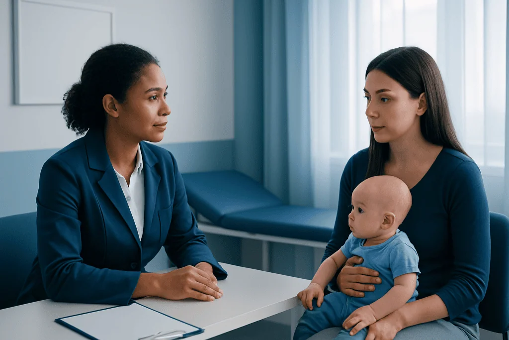 Doctor consulting with mother and baby in a medical office.