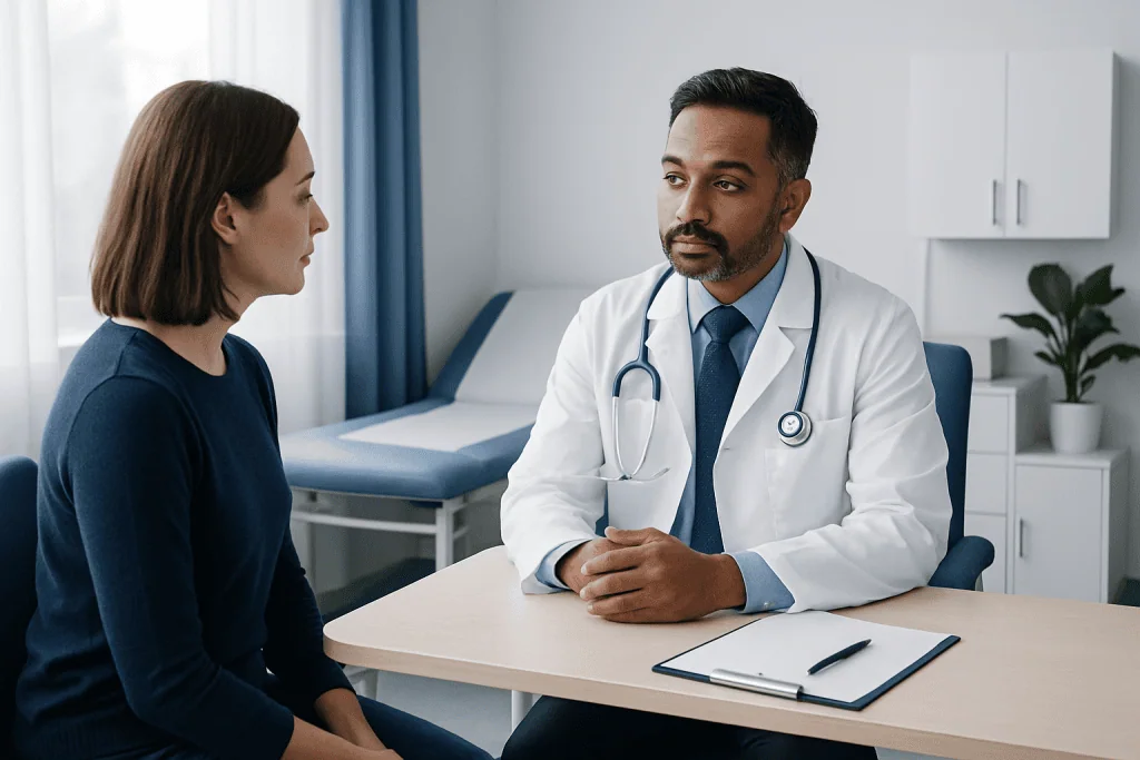 Doctor consulting with a female patient in a medical office.