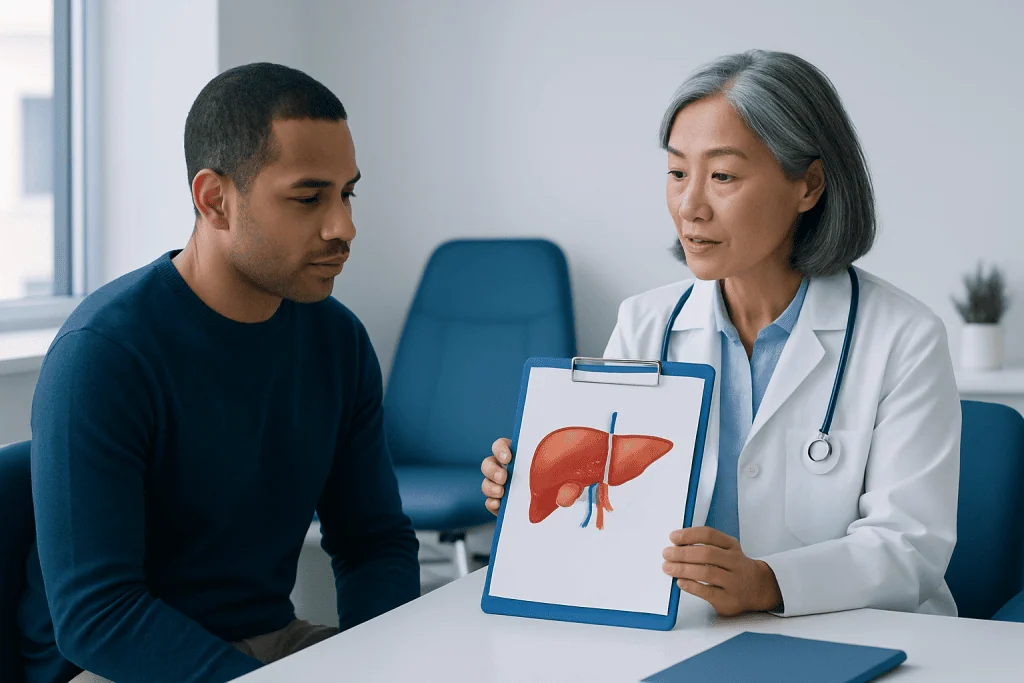 Doctor explaining liver anatomy to patient during consultation.