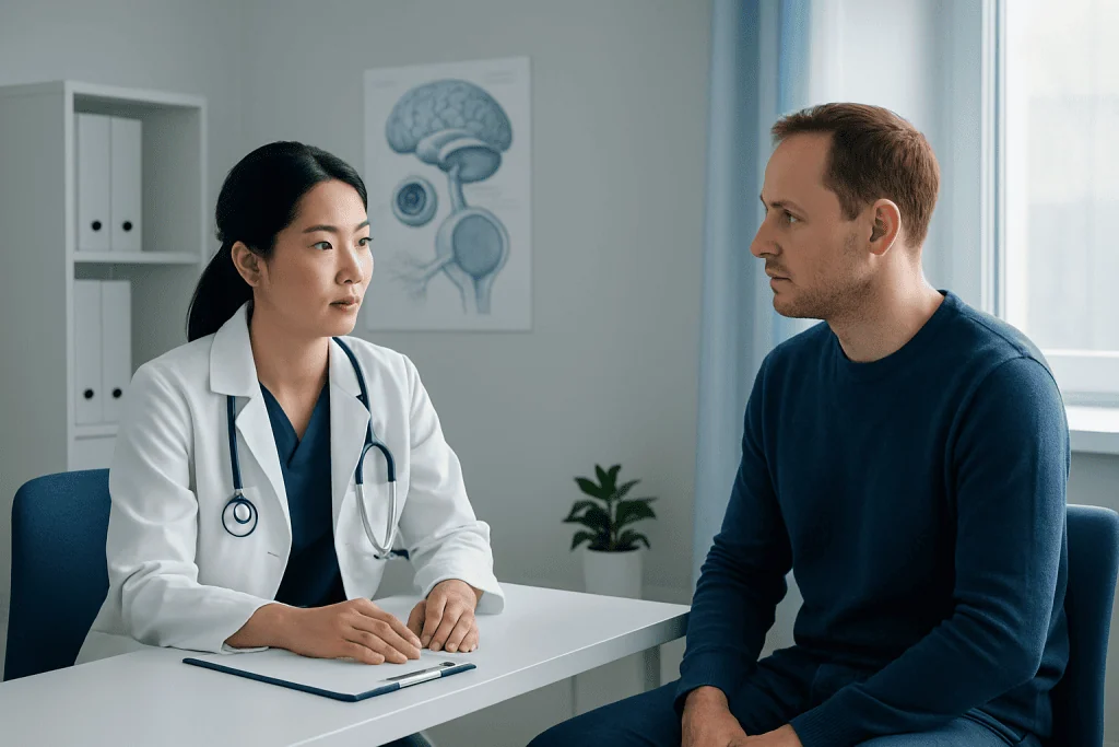 Doctor consulting patient in a medical office with brain diagram in background.