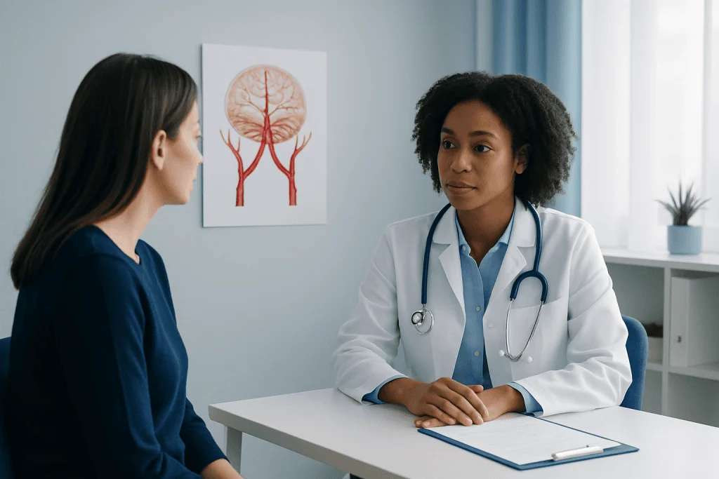 Doctor consulting with patient about Moyamoya disease symptoms and treatment options.