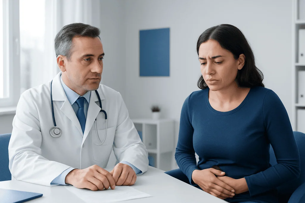 Doctor consulting with a woman patient in a medical office.