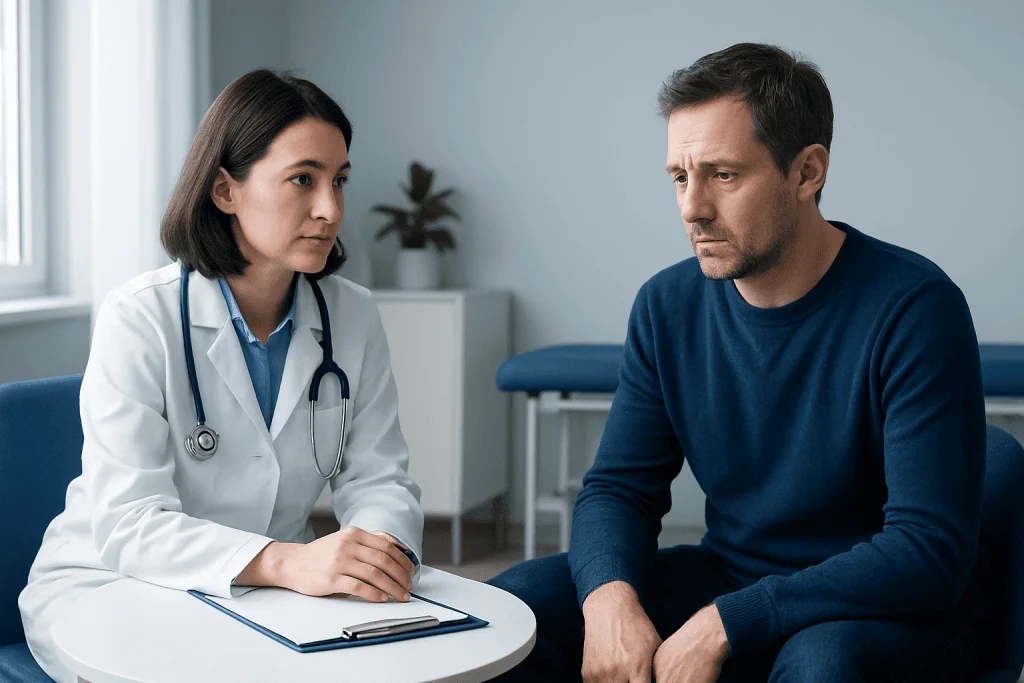 Doctor consulting with a male patient in a medical office.