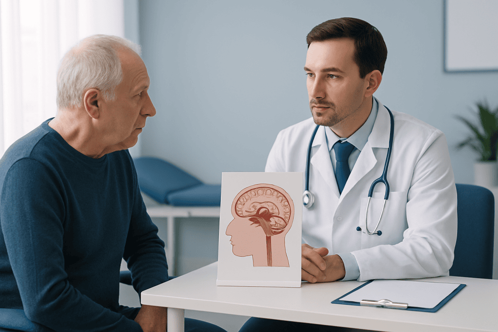 Doctor explaining brain diagram to elderly patient in consultation room.