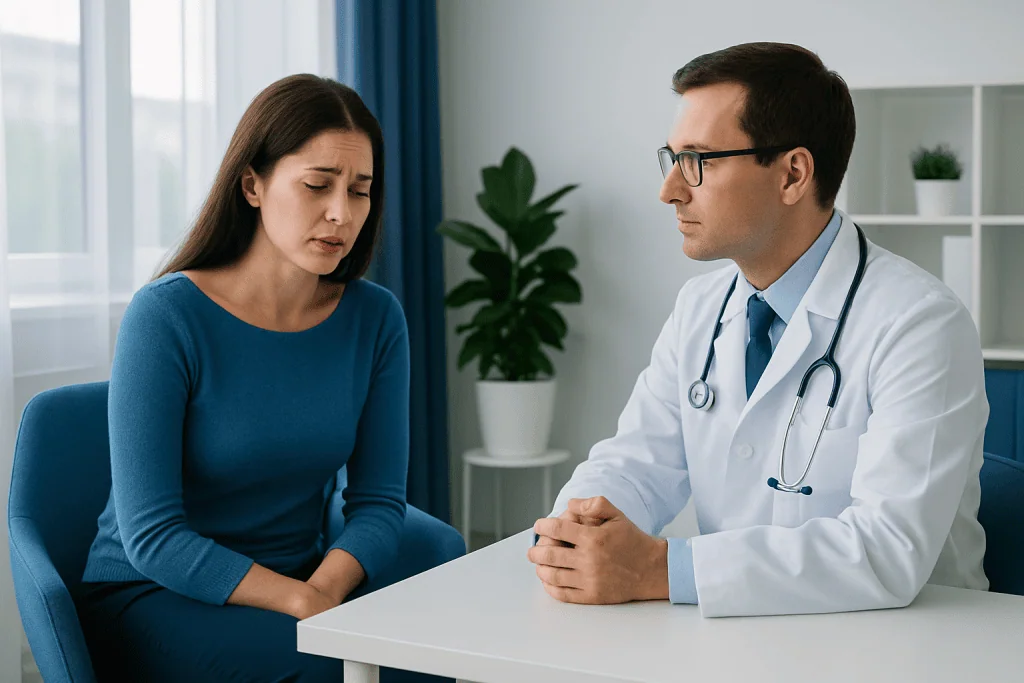 Doctor consulting a woman about mental health in a clinical setting.