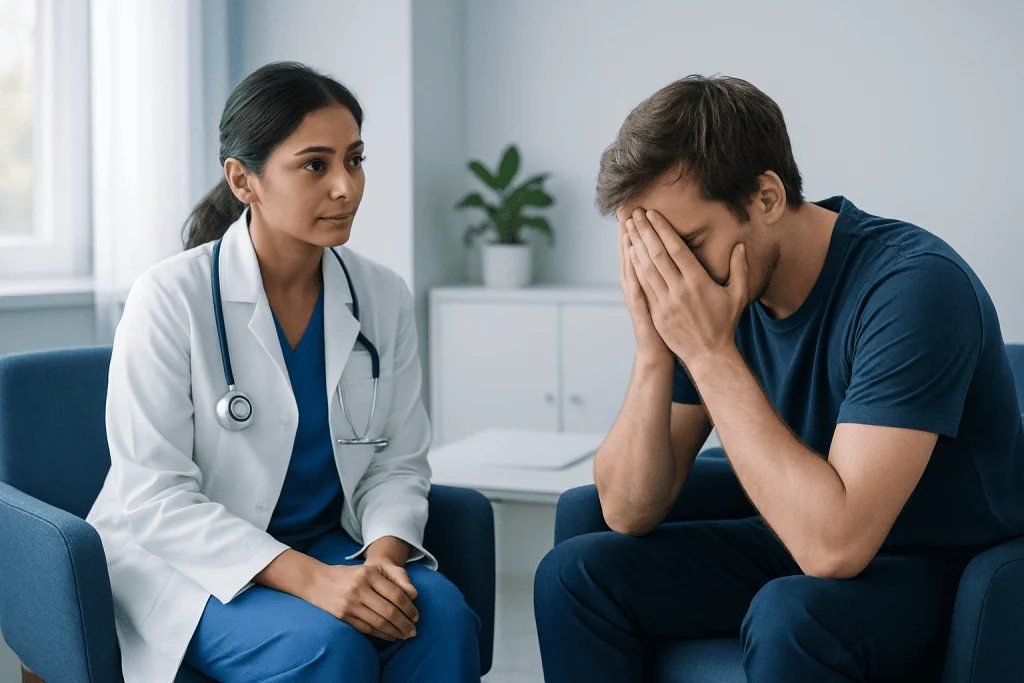 Patient in therapy session with doctor, feeling distressed and seeking help.