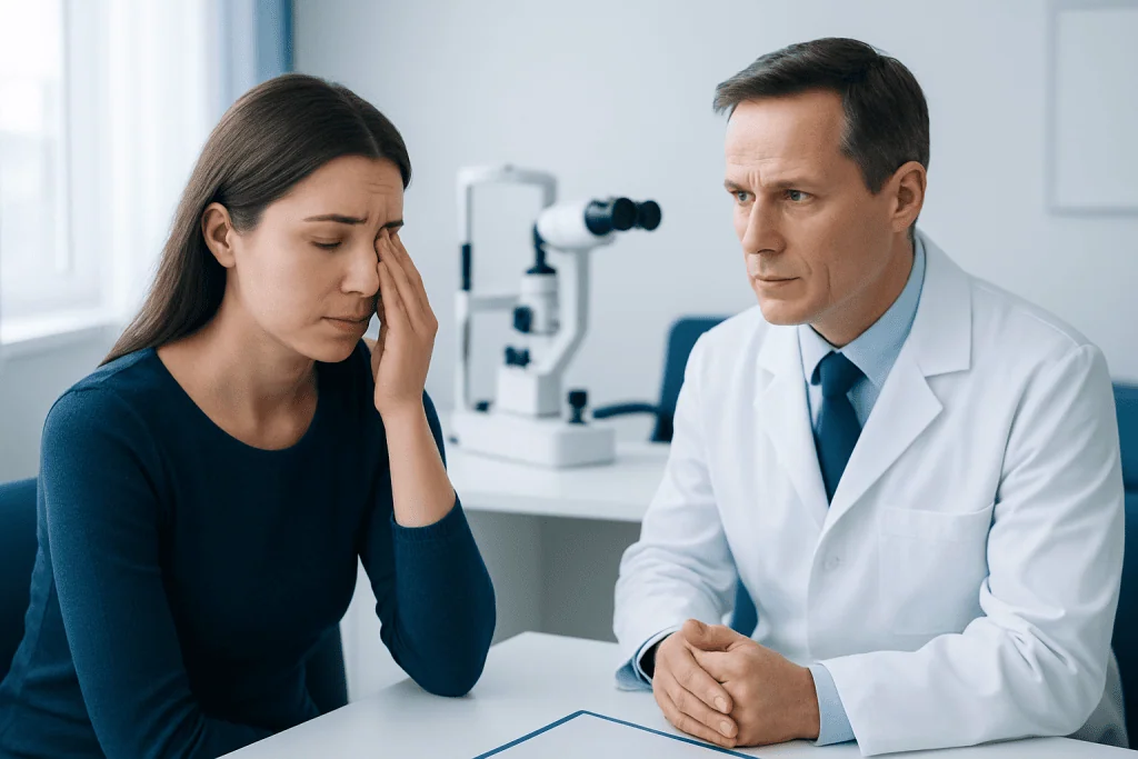 Doctor consulting a woman with eye discomfort in a clinical setting.