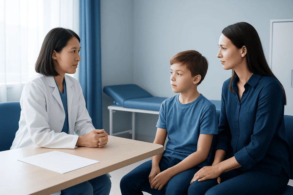 Doctor consulting with a young boy and his mother in a medical office.