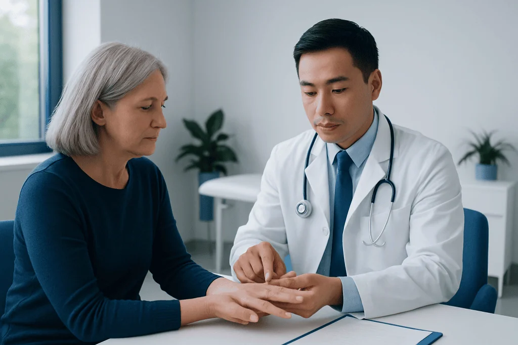 Doctor examining a patient's hand in a medical consultation room.
