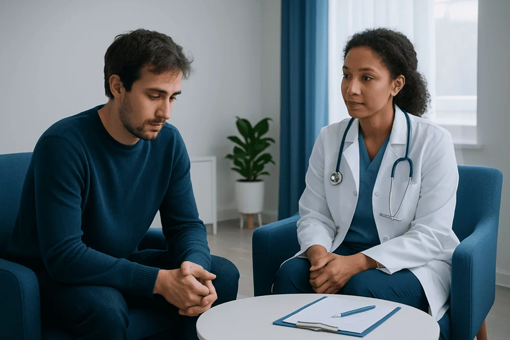 Patient consulting with a doctor in a medical office setting.