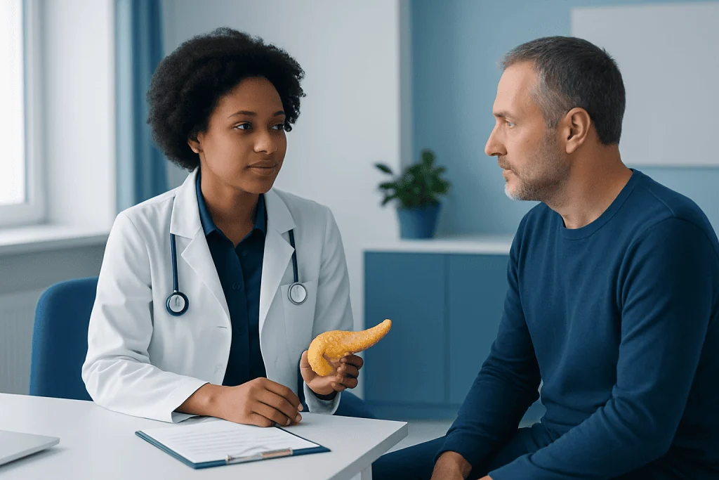Doctor explaining pancreatic insufficiency to patient with pancreatic model.