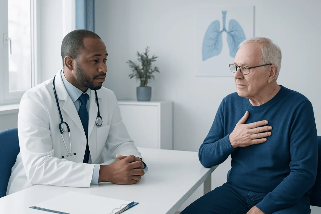 Doctor consulting with elderly patient about bronchitis symptoms in clinic.