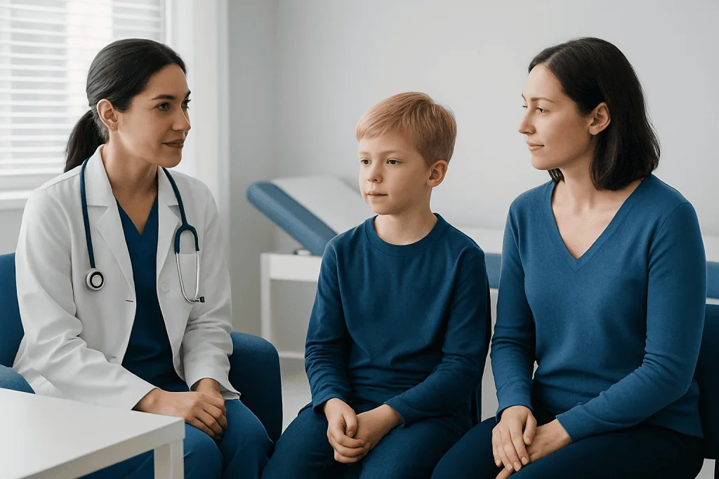 Doctor consulting with young boy and mother in a hospital setting.
