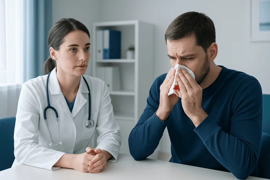 Doctor consulting with patient about nosebleed symptoms in a clinical setting.