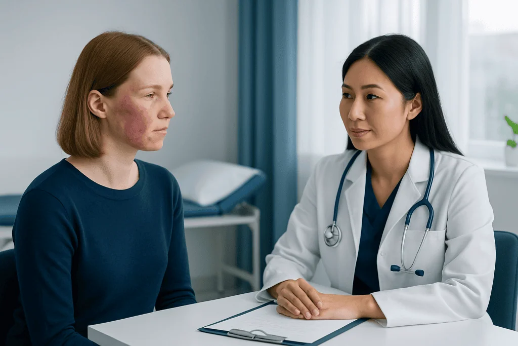 Doctor consulting with a patient about skin condition in a medical office.