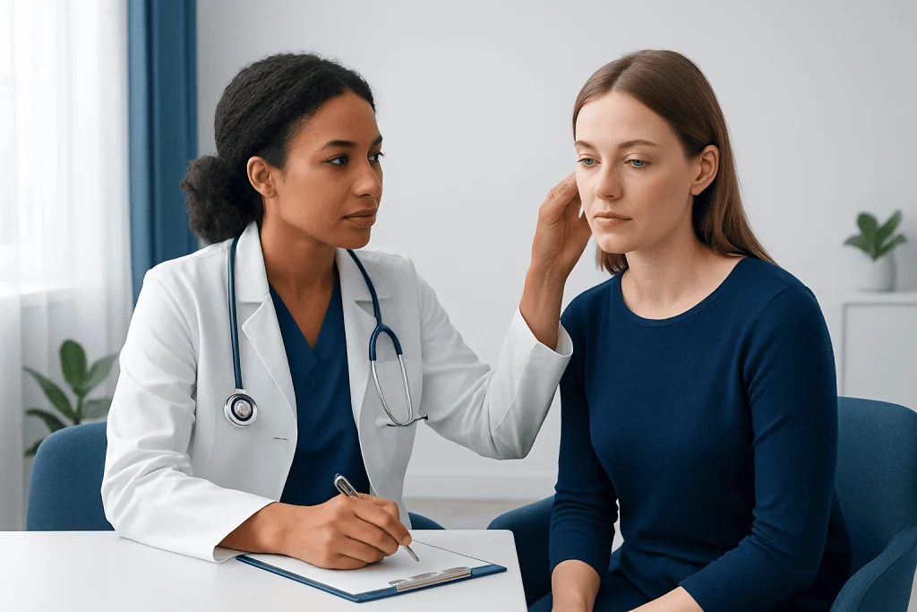 Doctor examining a woman's ear in a clinical setting.