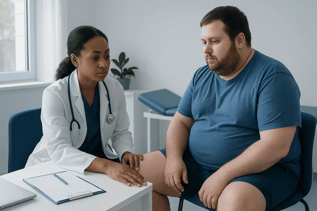 Doctor examining patient's leg for elephantiasis symptoms in clinic.