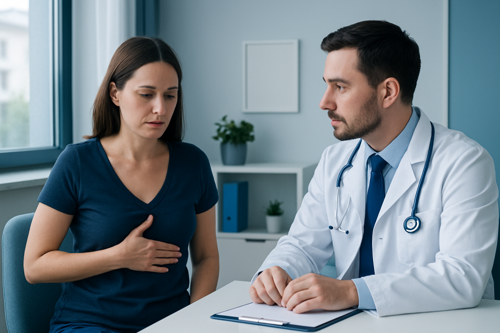 Doctor consulting with a woman patient in a medical office.